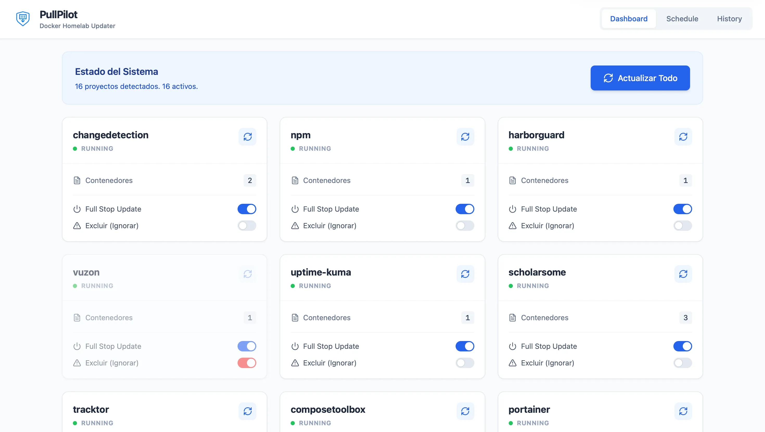 Dashboard de PullPilot mostrando las tarjetas de proyecto y su estado